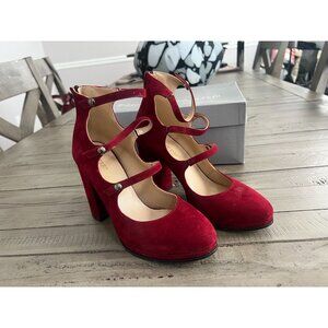 Pierre Darre Italy Red Suede Block Heel Mary Jane Platform Heels Size 37 7